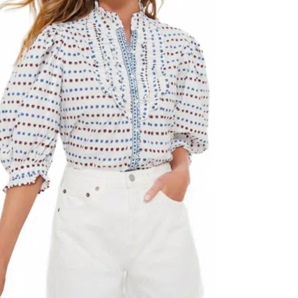 Oliphant Ruffle Front Button Top Blue White Burgundy Size M Cotton Puff Sleeve